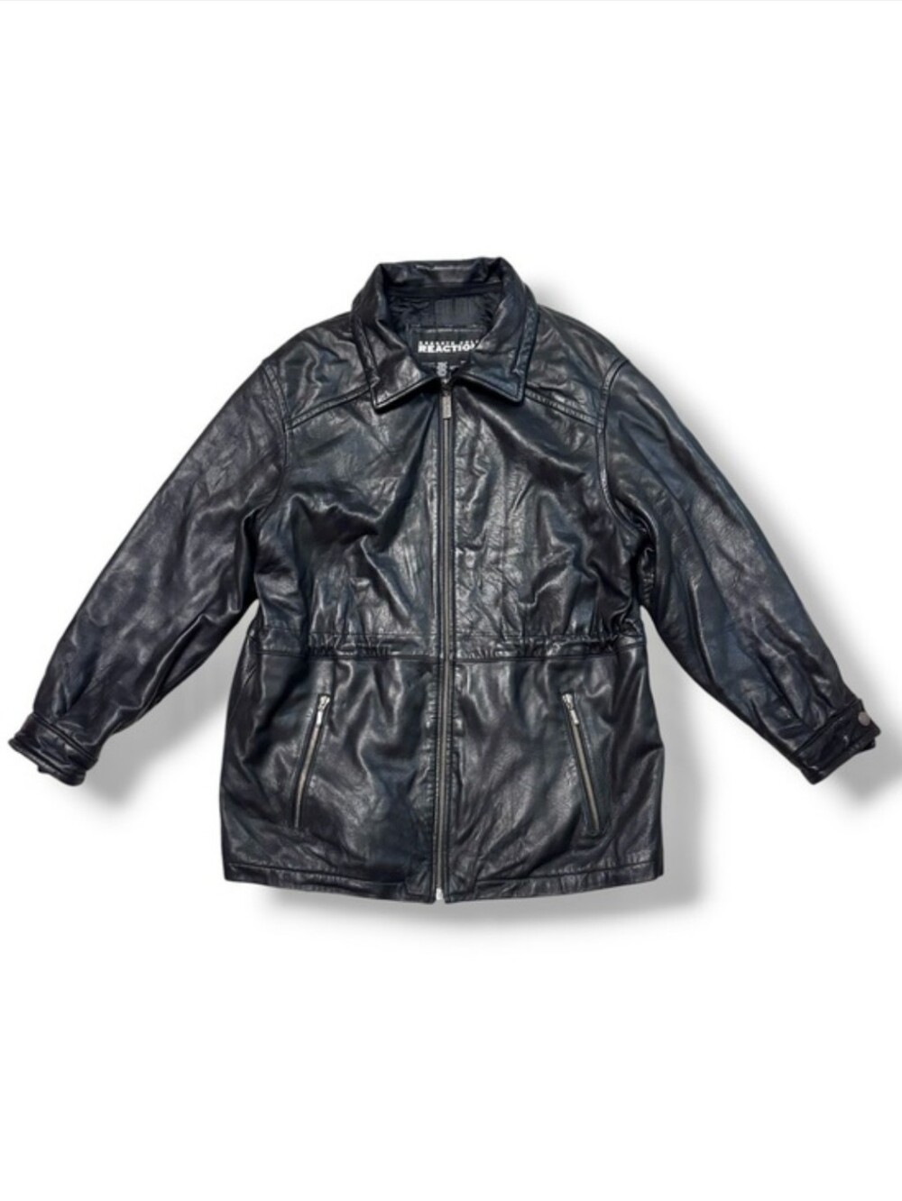 KENNETH COLE REACTION Black Leather Car Coat Cinched Waist Size Small VINTAGE